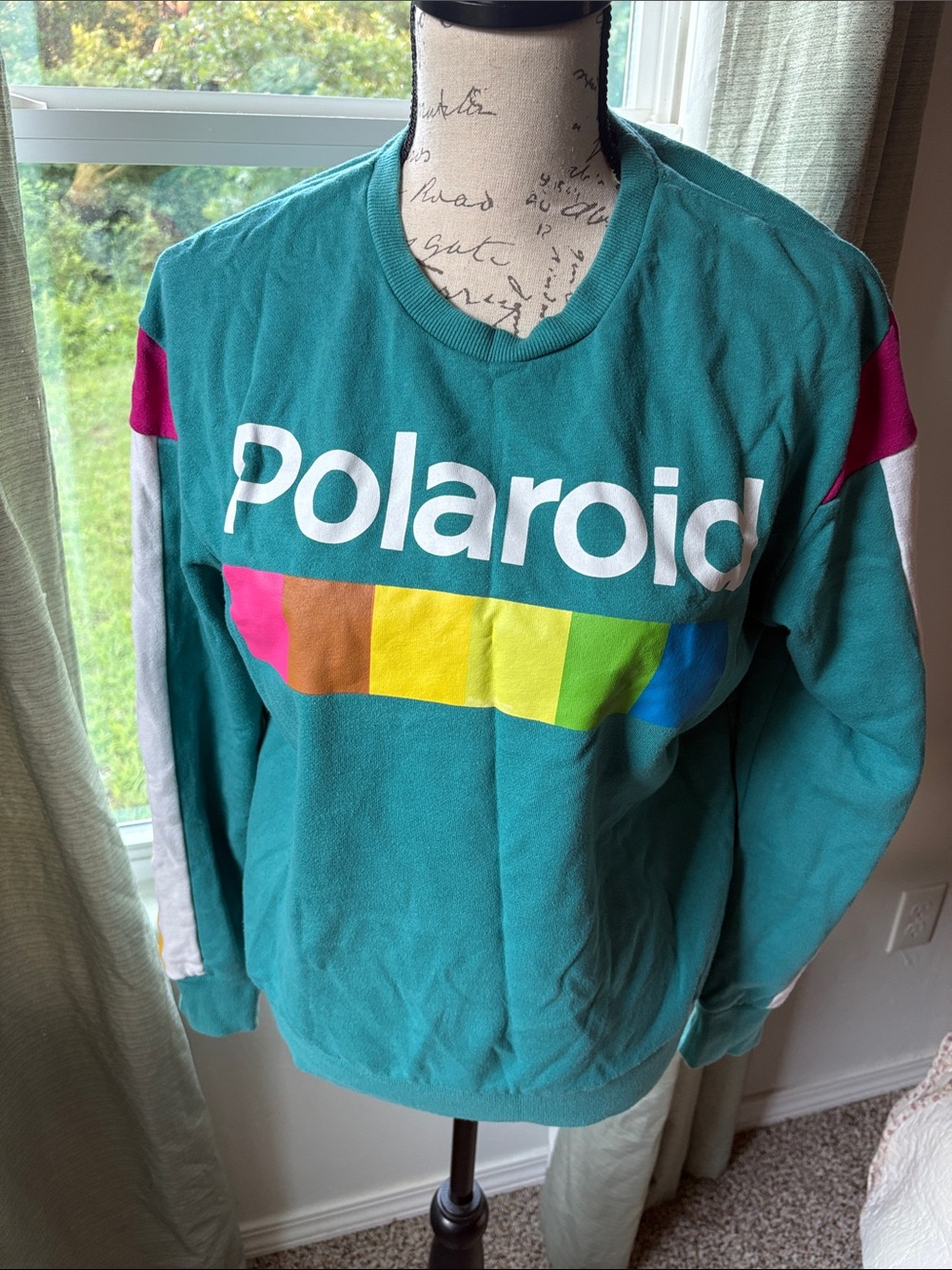 Polaroid Teal Pullover with Multicolor Rainbow Blocks